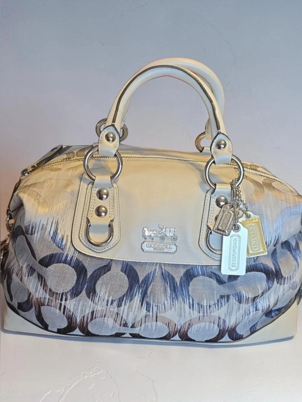 Coach Cream and Gray Signature Satchel with Leather Handles
